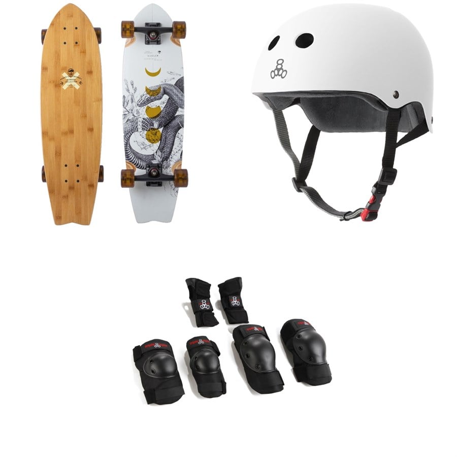 Arbor Sizzler Bamboo Longboard Complete + Triple 8 The Certified Sweatsaver Skateboard Helmet + Saver Series High Impact Skateboard Pad Set
