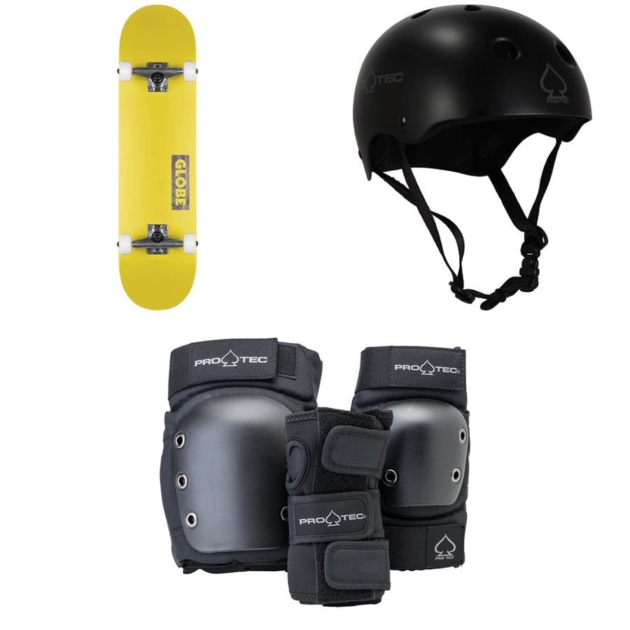 Globe Goodstock Skateboard Complete + Pro-Tec Classic Skate Skateboard Helmet + Pro-Tec Street Gear Junior Open Back Skateboard Pads