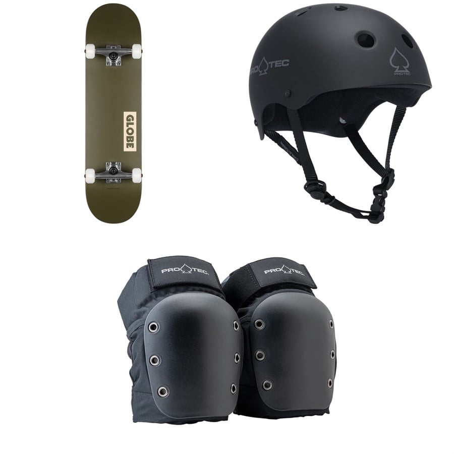 Globe Goodstock Skateboard Complete + Pro-Tec The Classic Certified EPS Skateboard Helmet + Street Open Back Skateboard Knee Pads