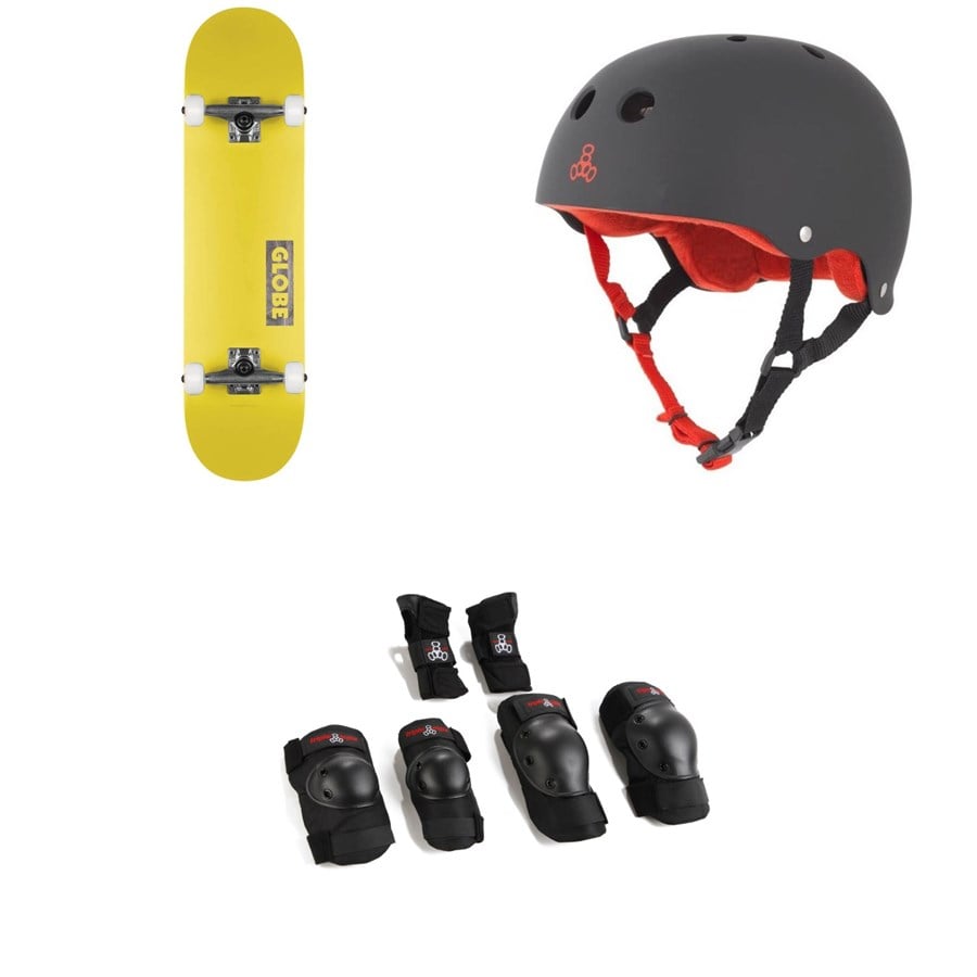 Globe Goodstock Skateboard Complete + Triple 8 Sweatsaver Liner Skateboard Helmet + Saver Series High Impact Jr Pad Set