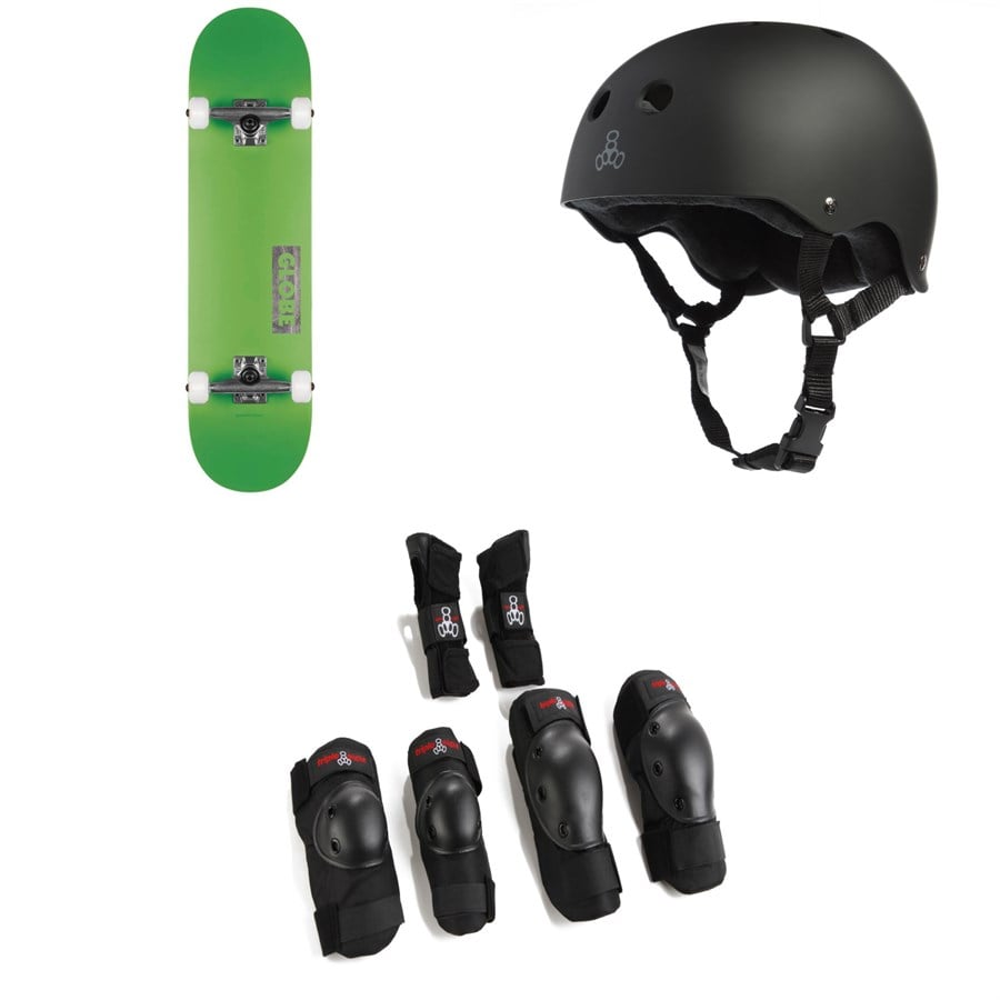 Globe Goodstock Skateboard Complete + Triple 8 Sweatsaver Liner Skateboard Helmet + Triple 8 Saver Series High Impact Skateboard Pad Set