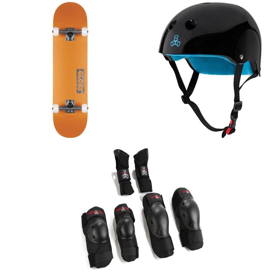 Globe Goodstock Skateboard Complete + Triple 8 The Certified Sweatsaver Skateboard Helmet + Saver Series High Impact Skateboard Pad Set