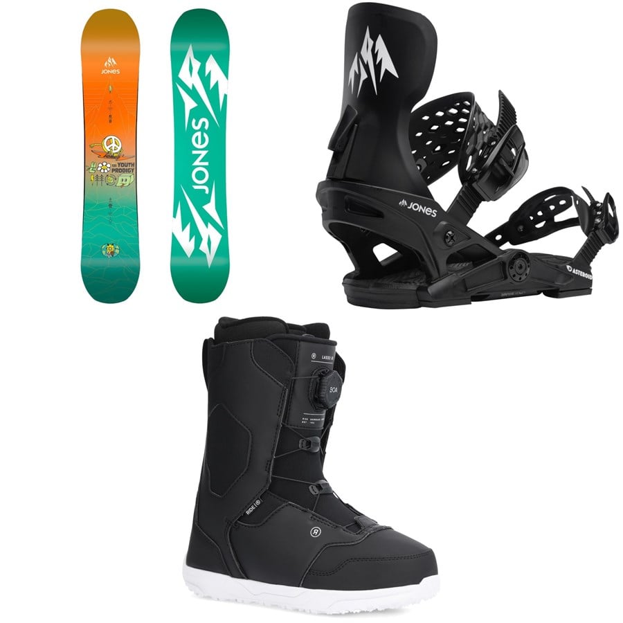 Jones Prodigy Snowboard + Asteroid Snowboard Bindings + Ride Lasso Jr Snowboard Boots - Kids' 2026