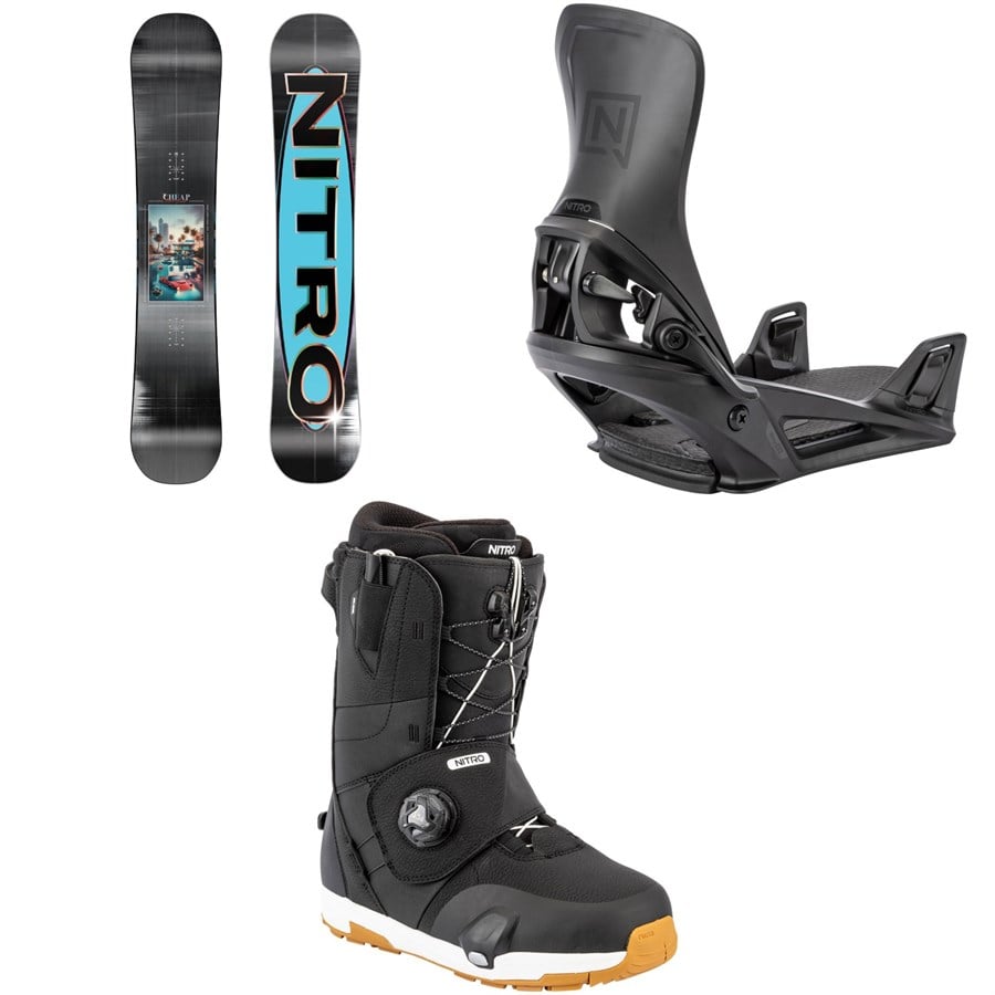 Nitro Cheap Thrills Snowboard + Step On Snowboard Bindings + Venture Step On TLS Snowboard Boots 2026
