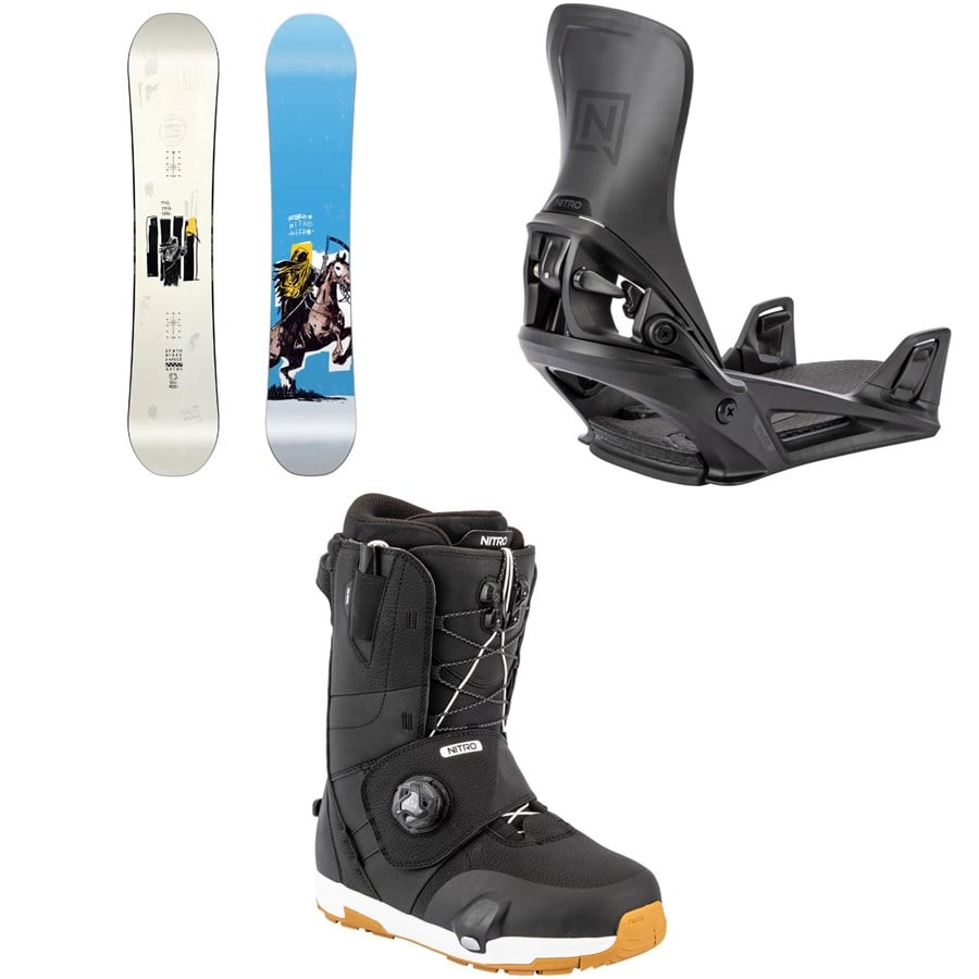 Nitro T1 Snowboard + Step On Snowboard Bindings + Venture Step On TLS Snowboard Boots 2026