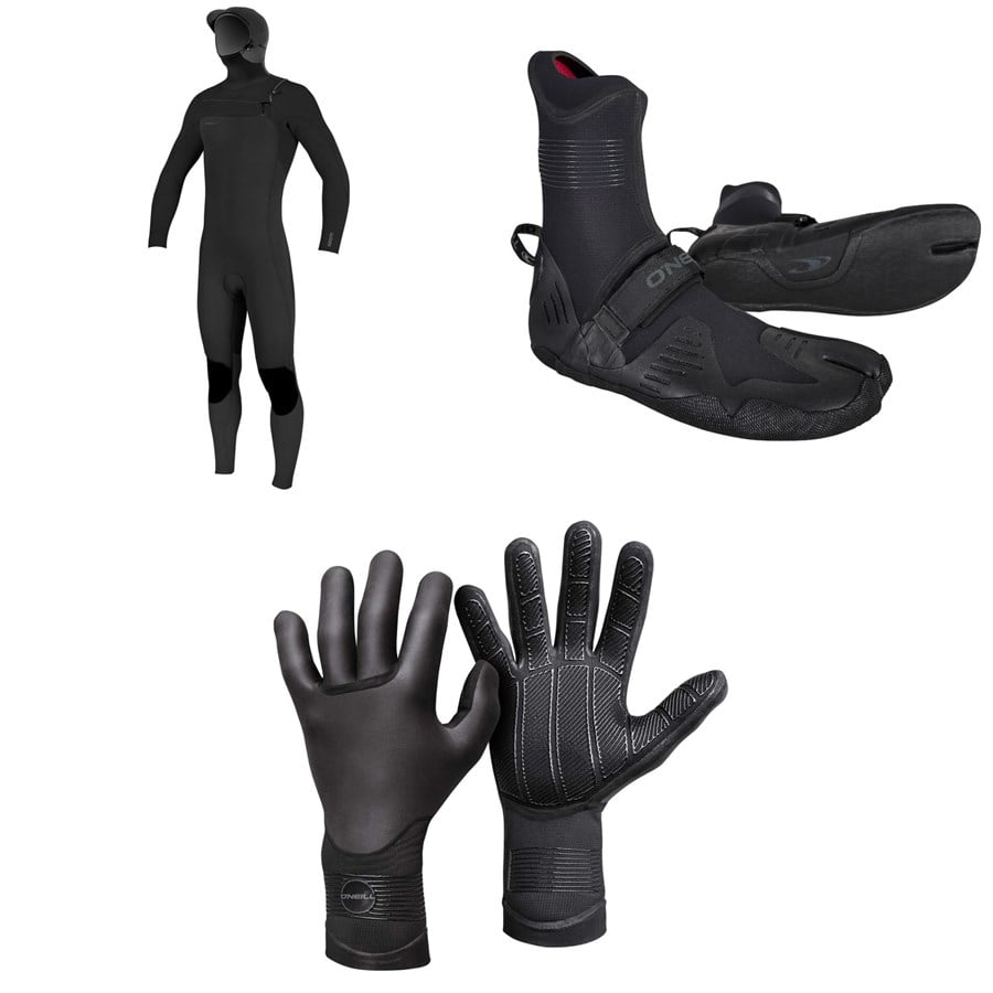 O'Neill 4/3+ Hyperfreak Chest Zip Hooded Wetsuit + 3/2 Psycho Tech Split Toe Wetsuit Boots + 3mm Psycho Tech Gloves