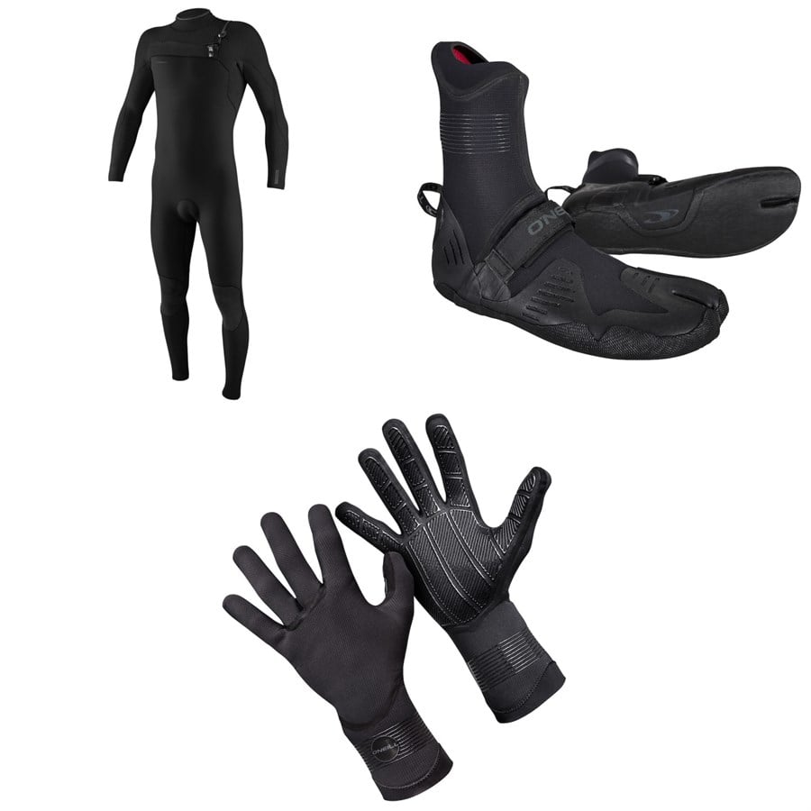 O'Neill 4/3+ Hyperfreak Chest Zip Wetsuit + 3/2 Psycho Tech Split Toe Wetsuit Boots + 1.5mm Psycho Tech Gloves