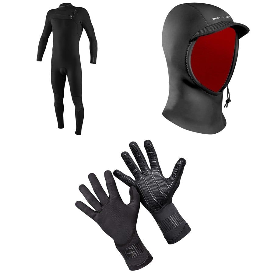 O'Neill 4/3+ Hyperfreak Chest Zip Wetsuit + Psycho 1.5mm Wetsuit Hood + 1.5mm Psycho Tech Gloves