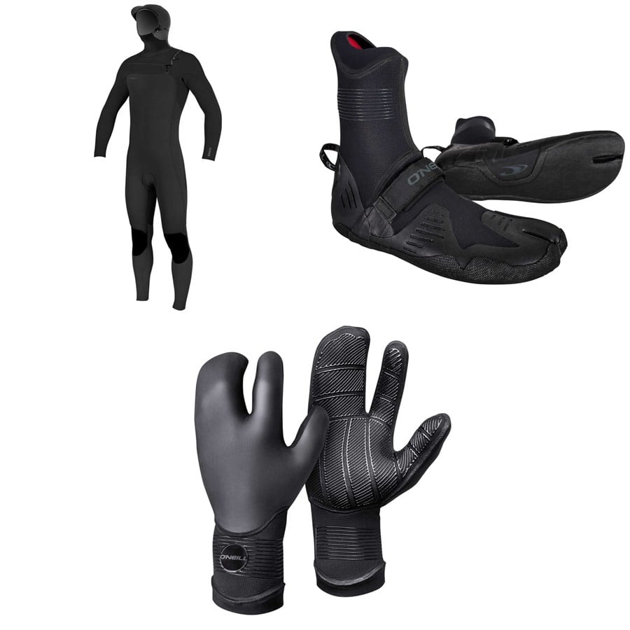 O'Neill 5/4+ Hyperfreak Chest Zip Hooded Wetsuit + 5mm Psycho Tech ST Wetsuit Boots + 5mm Psycho Tech Lobster Gloves