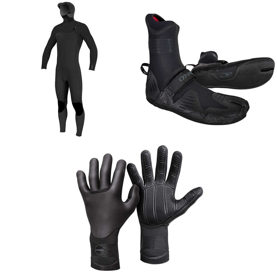 O'Neill 5/4+ Hyperfreak Chest Zip Hooded Wetsuit + 5mm Psycho Tech ST Wetsuit Boots + 3mm Psycho Tech Gloves