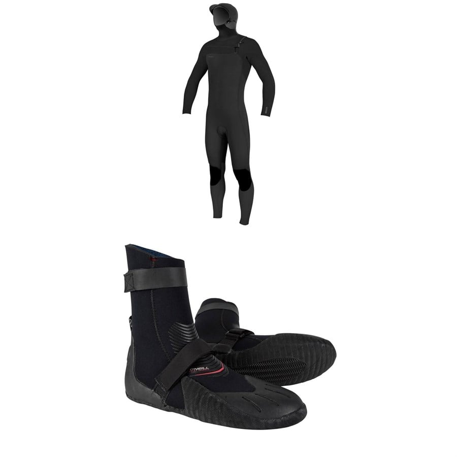 O'Neill 5/4+ Hyperfreak Chest Zip Hooded Wetsuit + Heat 5mm Round Toe Boots