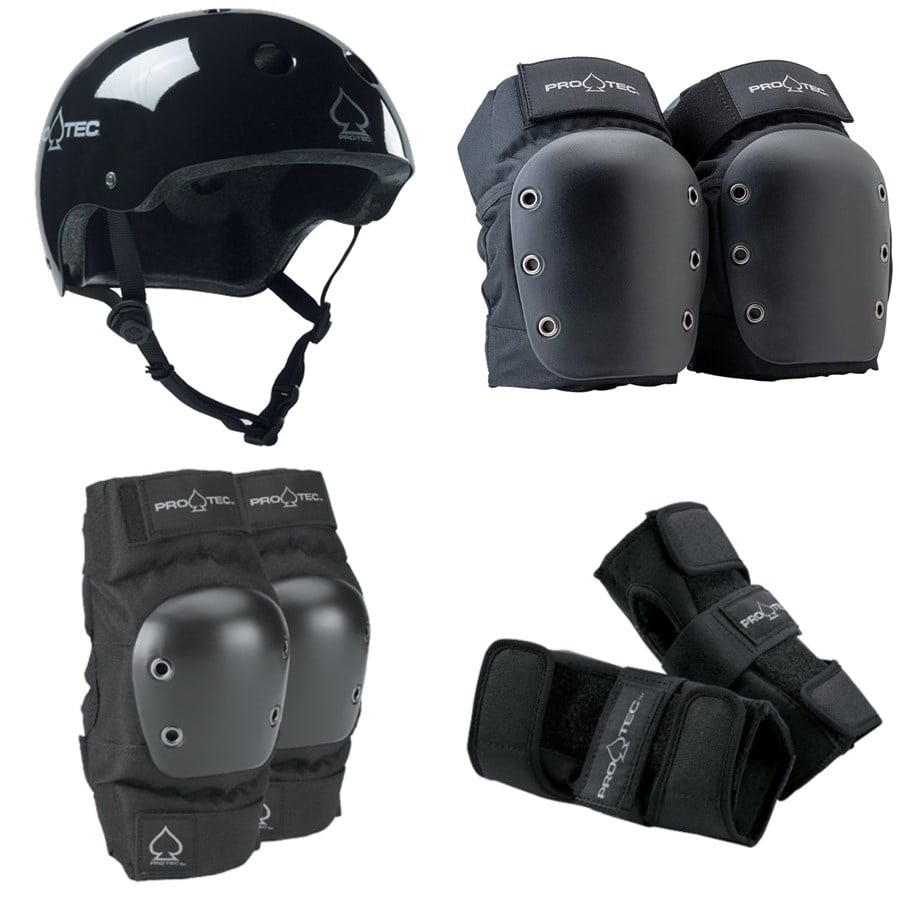 Pro-Tec The Classic Certified EPS Skateboard Helmet + Street Open Back Skateboard Knee Pads + Street Skateboard Elbow Pads + Street Skateboard Wrist Pads