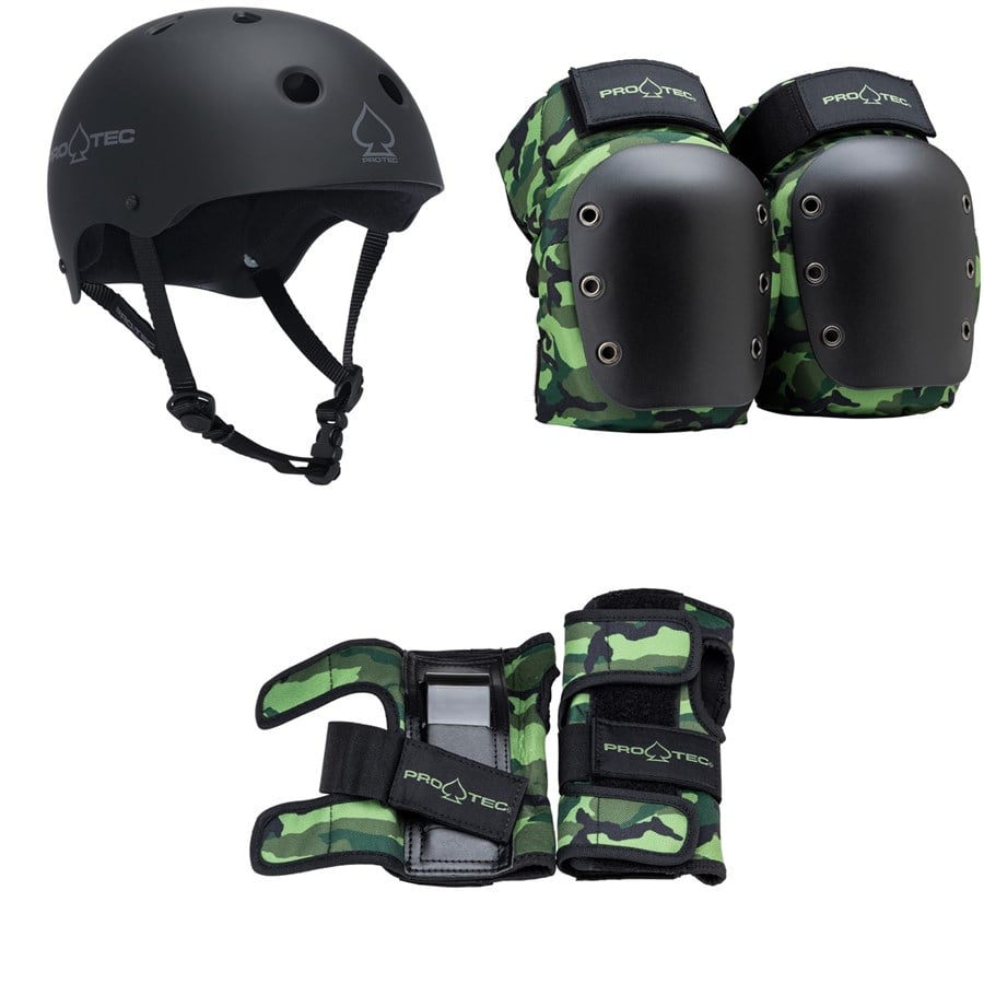 Pro-Tec The Classic Certified EPS Skateboard Helmet + Street Open Back Skateboard Knee Pads + Street Skateboard Wrist Pads