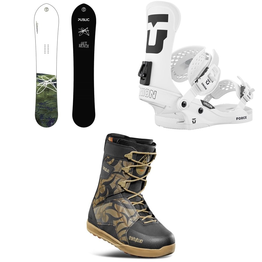 Public Snowboards Outreach Snowboard + Union Force Classic Snowboard Bindings + Thirtytwo Lashed Snowboard Boots 2026