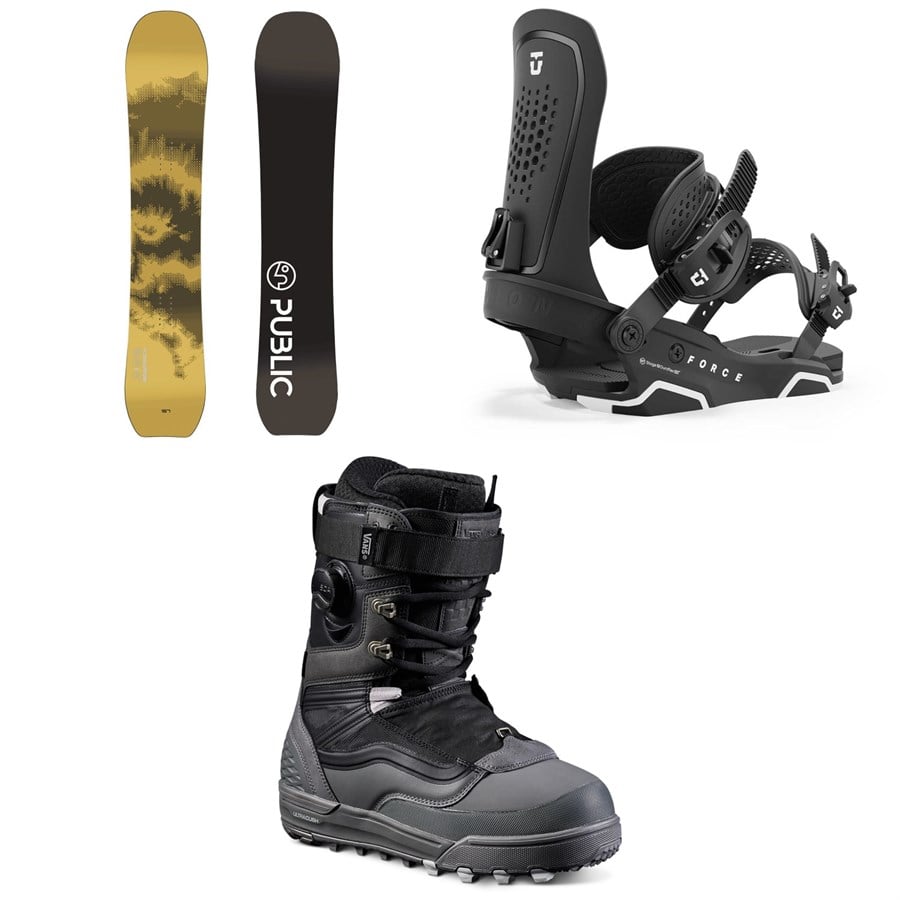 Public Snowboards Research Snowboard + Union Force Snowboard Bindings + Vans Infuse Snowboard Boots 2025