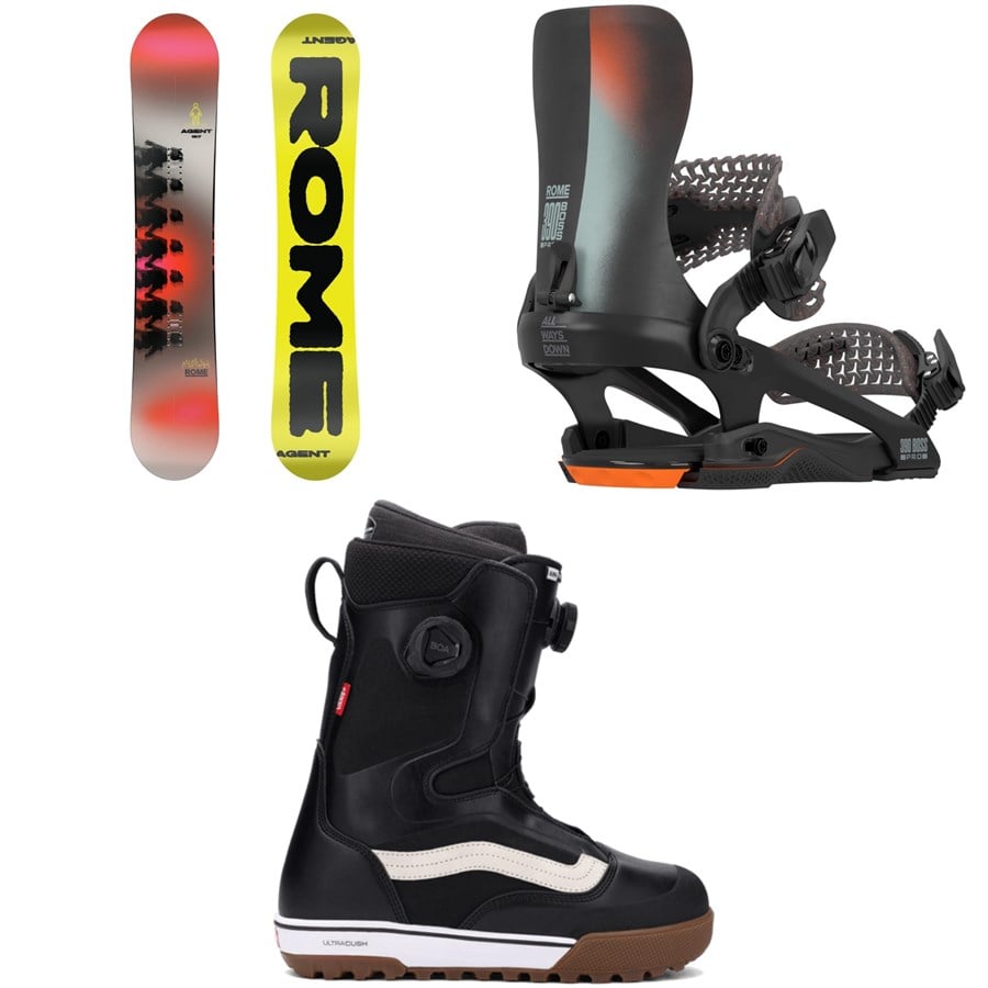 Rome Agent Snowboard + 390 Boss Pro FW Snowboard Bindings + Vans Aura Pro Snowboard Boots 2026