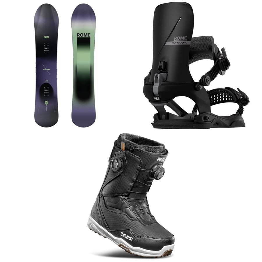 Rome Ravine Snowboard + Katana AW FASE Snowboard Bindings + Thirtytwo TM-2 Double Boa Snowboard Boots - Women's 2026