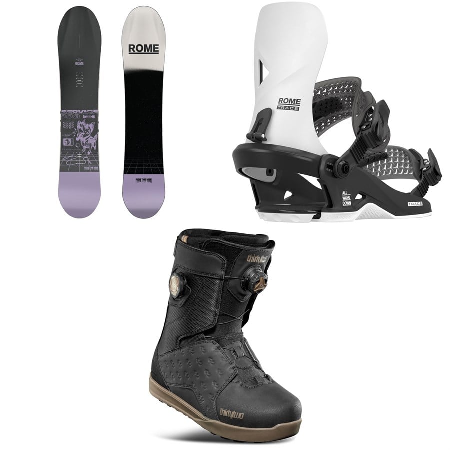 Rome Service Dog Snowboard + Trace HW Snowboard Bindings + thirtytwo Lashed Double Boa Snowboard Boots 2026