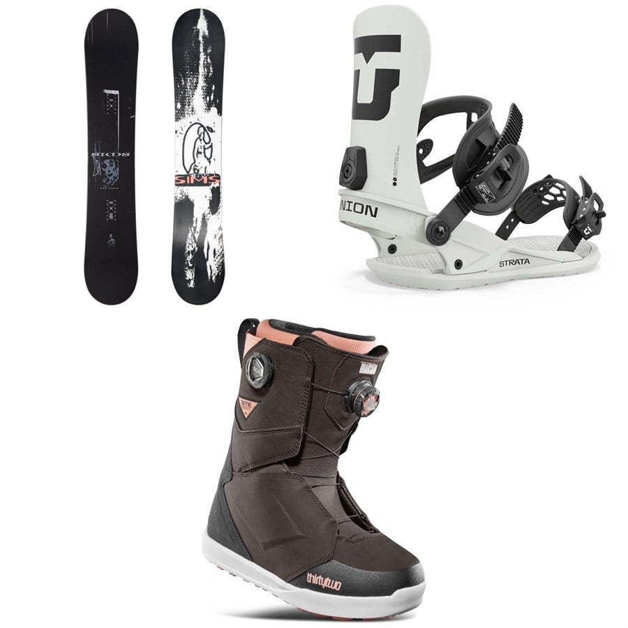 Sims Bowl Squad Pro Snowboard + Union Strata Snowboard Bindings + thirtytwo Lashed Double Boa Snowboard Boots 2025