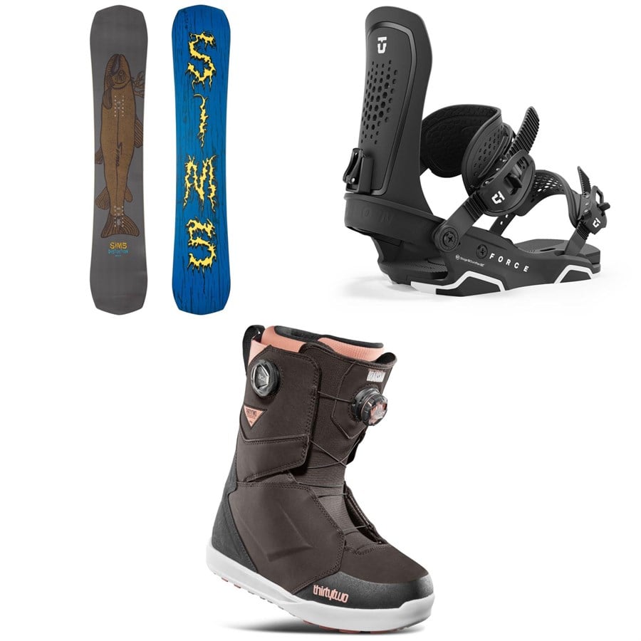 Sims Distortion Snowboard + Union Force Snowboard Bindings + thirtytwo Lashed Double Boa Snowboard Boots 2025