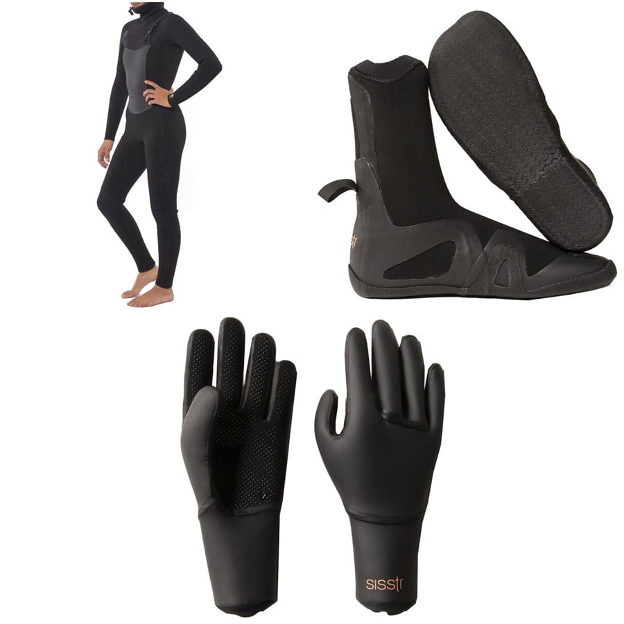 Sisstrevolution 5/4 7 Seas Hooded Chest Zip Wetsuit + 5mm Round Toe Wetsuit Boots + 3mm Wetsuit Gloves - Women's