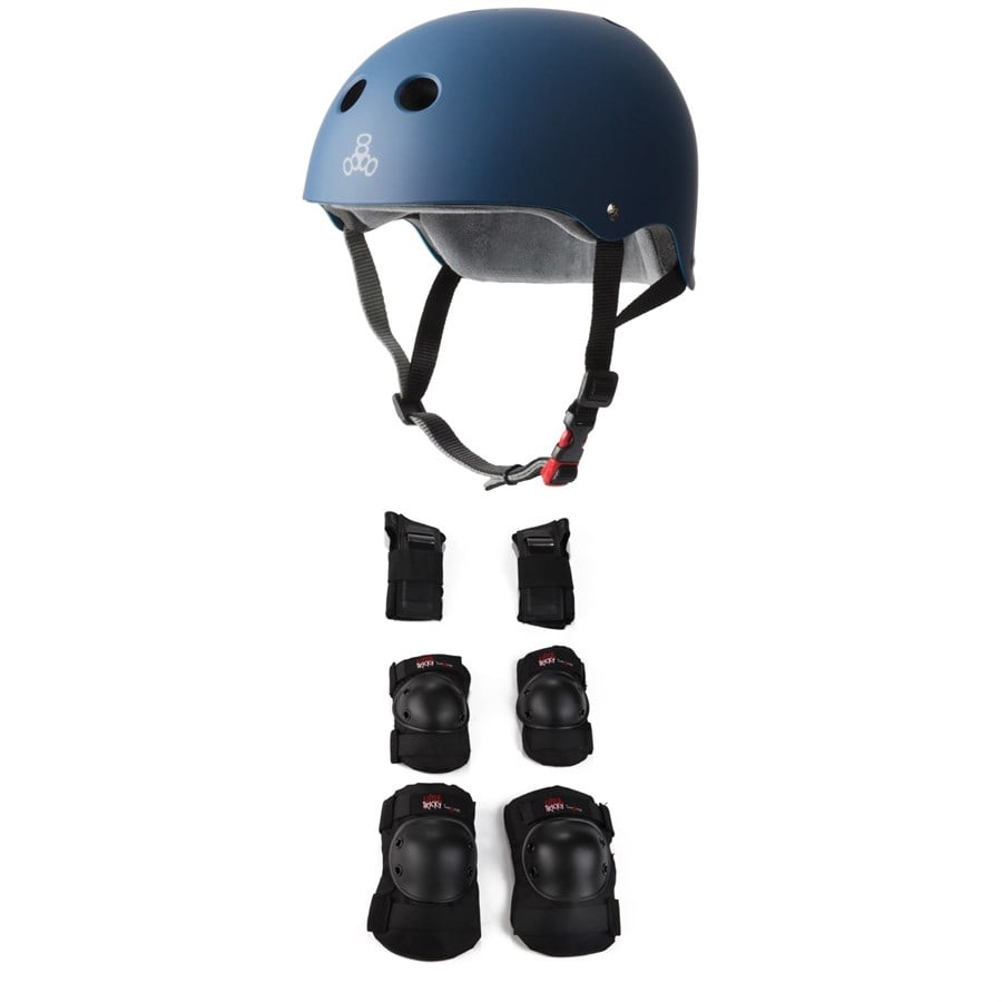 Triple 8 The Certfied Sweatsaver Skateboard Helmet + Triple 8 Little Tricky Jr. Skateboard Pad Set