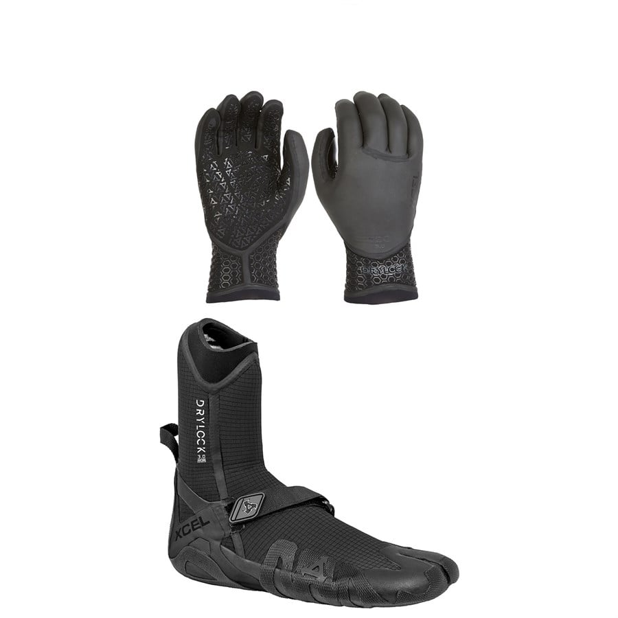 XCEL 3mm Drylock Texture Skin 5-Finger Wetsuit Gloves + 3mm Drylock Split Toe Wetsuit Boots