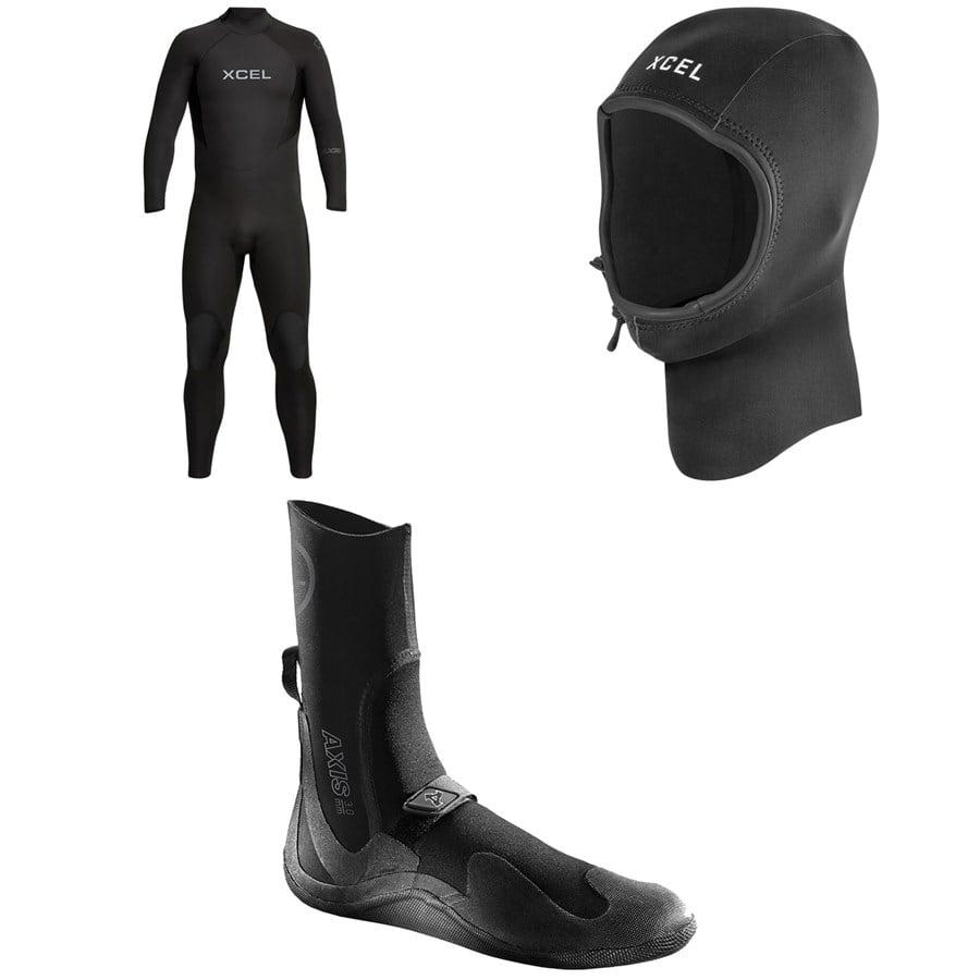 XCEL 4/3 Axis Back Zip Wetsuit + 2mm Axis Wetsuit Hood + 3mm Axis Round Toe Wetsuit Boots