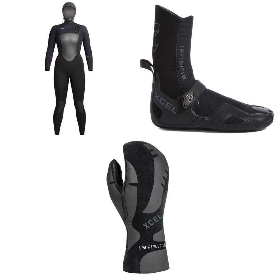 XCEL 5/4 Infiniti Hooded Wetsuit - Women's + 5mm Infiniti Round Toe Wetsuit Boots + 5mm Infiniti Wetsuit Mittens